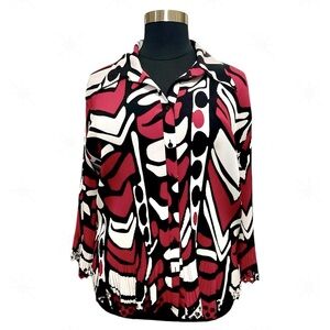 NWT Beautiful Belisimo Pleated Business Red & Black Blouse with Scalloped Hems